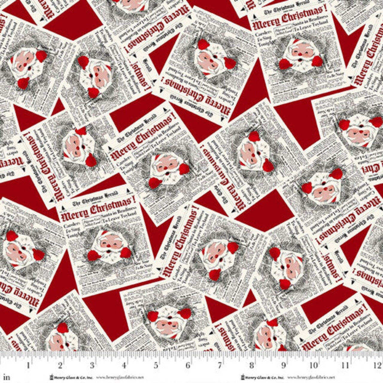 Fabric Henry Glass Red Santa Newsprint Santa's Coming to Town by the Quarter Yard 1971-89